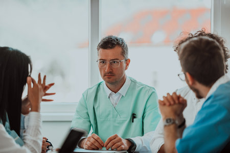 A group of multiethnic medical professionals including doctors, surgeons, and nurses are gathered in a hospital setting discussing patient care and using modern technology to address challenges in the medical field.の写真素材