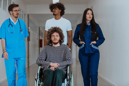 Two doctors and a nurse walking down a hospital hallway, pushing a patient in a wheelchair. The...