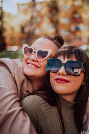 Two young women embrace each other emotionally outside on a sunny day while wearing sunglassesの写真素材