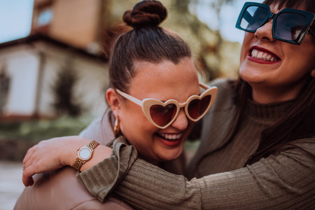 Two young women embrace each other emotionally outside on a sunny day while wearing sunglassesの写真素材