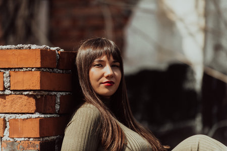 A confident and stylish plus-size woman walking by a modern building in an olive green dress, radiating beauty, empowerment, and self-love.の写真素材
