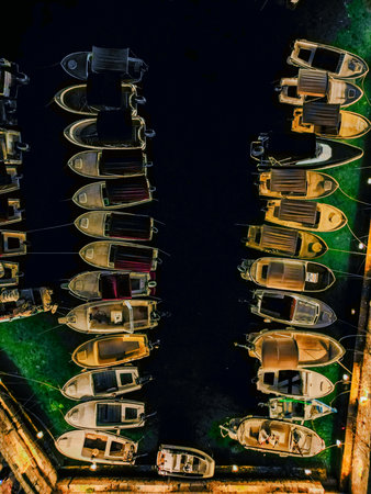 Boats in Harbor at Nightの写真素材