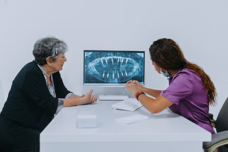 Elderly lady consults with her dentist in a dental office, discussing modern dental prosthetics while examining a computerの写真素材