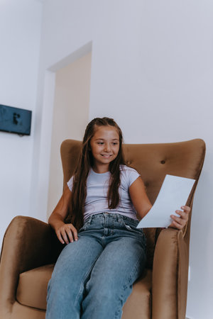A sweet little girl sits in the waiting room, her anticipation adding innocence to the sceneの写真素材