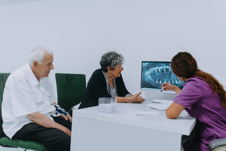 An elderly couple engages in a thoughtful discussion with their dentist about modern denture options in a contemporary dental office settingの写真素材
