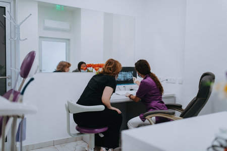 In a modern dental office, a dentist and a young patient engage in a collaborative consultation, exploring new tooth shades and discussing treatment options using a computerの写真素材