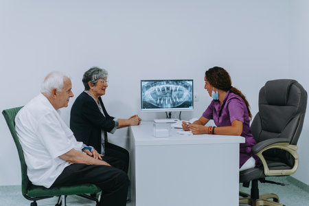 An elderly couple engages in a thoughtful discussion with their dentist about modern denture options...