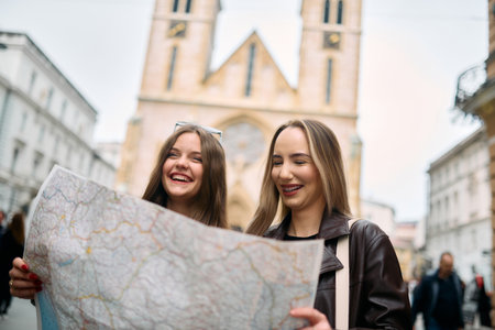 Two female tourists engage in lively discussion, surrounded by their luggage, as they plan their sightseeing journey through the bustling city streets, map in hand.の写真素材