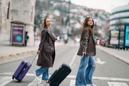 Two female tourists explore a European city, pulling their suitcases along as they wander through the charming streets, immersing themselves in the culture and beauty of their travel destinationの写真素材