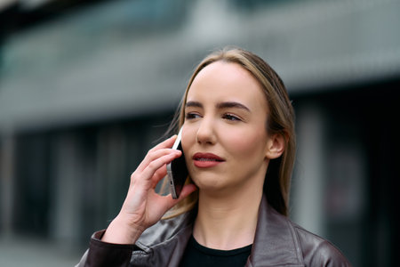 Business Woman With Phone Near Office. Portrait Of Beautiful Smiling Female In Fashion Office Clothes Talking On Phone While Standing Outdoors. Phone Communication.の写真素材