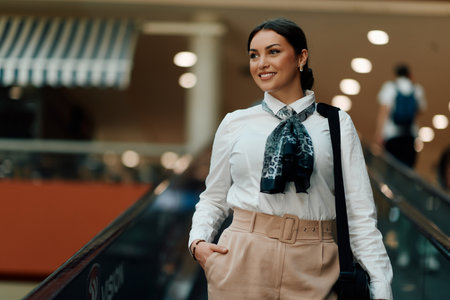 Latina businesswoman radiating confidence and style as she navigates the urban shopping center.の写真素材