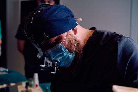 Surgeon In Scrubs Wearing Mask And Headlamp During Precise Surgical Procedure At Hospital Operating Theatre Dayの写真素材