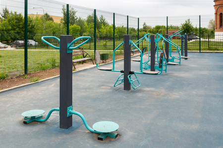 Views of the sports ground for street workout. Public area for sports training in the park.の写真素材