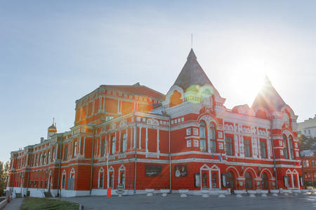 Facade of the drama theater in Samara in Russia. Town landscape with historic theater and blue skyの写真素材