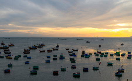 Basket boat and  Fishing boat, Vietnam Nov 2016の写真素材