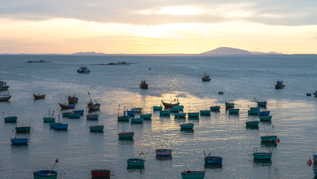 Basket boat and  Fishing boat, Vietnam Nov 2016の写真素材