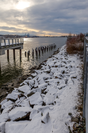 Snowing in a park near a bridge New Westminster, Vancouver Jan 2017の写真素材