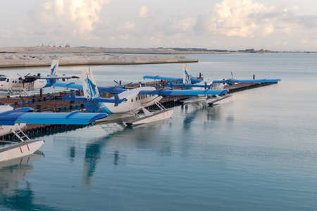 Seaplane is taking off at the airport in Maldives with beautiful sky