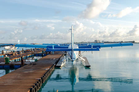 Seaplane is taking off at the airport in Maldives with beautiful skyのeditorial素材
