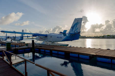 Seaplane is taking off at the airport in Maldives with beautiful sky
