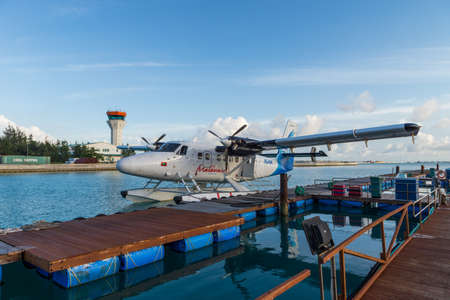 Seaplane is taking off at the airport in Maldives with beautiful skyのeditorial素材