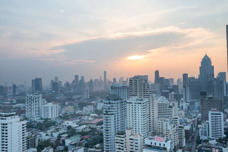 Bangkok Cityscape Business Administrative center view from rooftop during sunset. Picture taken on Feb 28, 2021のeditorial素材