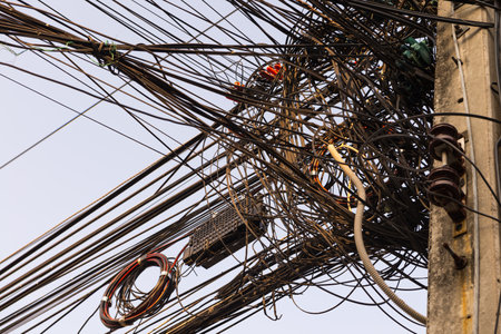 Messy electric cables in Bangkok, Thailandの写真素材