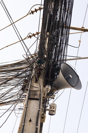 Messy electric cables in Bangkok, Thailandの写真素材
