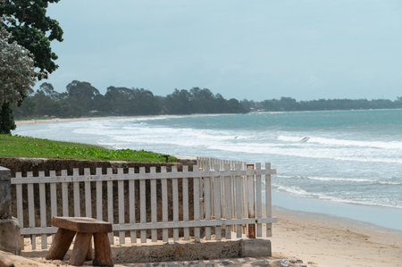 Wooden bench on the beach with the sea in the background.の写真素材