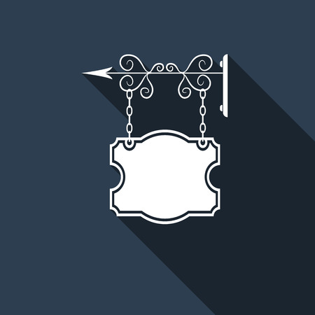Vintage street signboards hanging on forged brackets with symbols of bar, pub, cafe, restaurant and workshop with long shadow. Vector Illustrationのイラスト素材