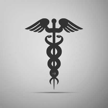 Caduceus medical symbol with long shadow (emblem for drugstore or medicine, medical sign, symbol of pharmacy, pharmacy snake symbol). Vector illustration.のイラスト素材