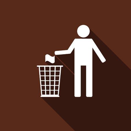 Recycle icon, man throwing trash into dustbin icon with long shadow. Vector illustration.のイラスト素材