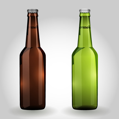 Two green and brown glass beer bottle on white background isolated. Vector Illustration.のイラスト素材