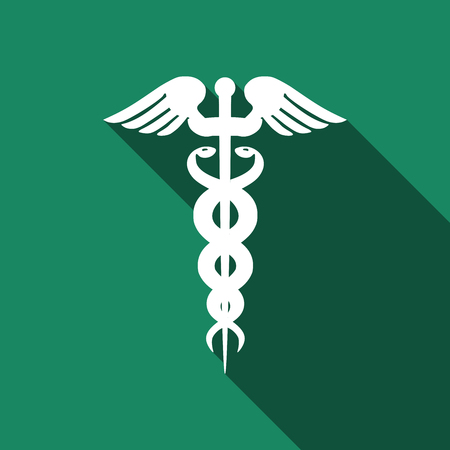Caduceus medical symbol with long shadow (emblem for drugstore or medicine, medical sign, symbol of pharmacy, pharmacy snake symbol). Vector illustration.のイラスト素材