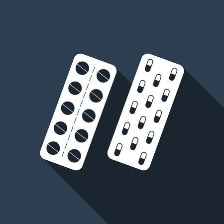 Pills in a blister pack icon with long shadow. Vector illustrationのイラスト素材