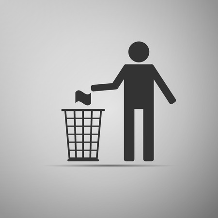 Recycle icon, man throwing trash into dustbin icon. Vector illustrationのイラスト素材