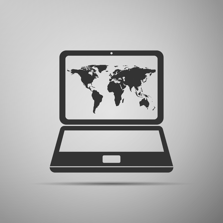 Laptop with world map icon on grey backgroundのイラスト素材