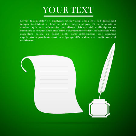 Quill Pen with inkwell and paper scroll flat icon on green background. Vector Illustrationのイラスト素材