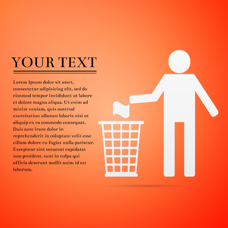Recycle icon, man throwing trash into dustbin flat on orange background. Vector Illustrationのイラスト素材