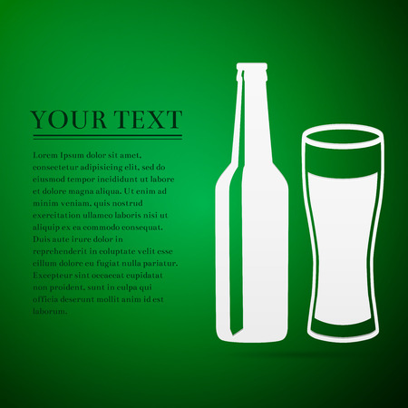 Bottle and glass of beer flat icon on green background. Vector Illustrationのイラスト素材