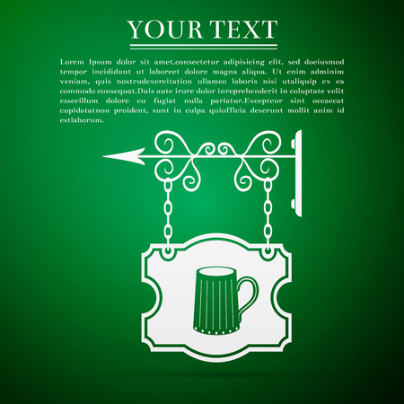 Vintage street signboards hanging on forged brackets with symbols of bar, pub, cafe, restaurant flat icon over green background. Vector Illustrationのイラスト素材