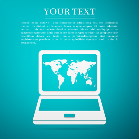 Laptop with world map flat icon on blue background. Vector Illustrationのイラスト素材