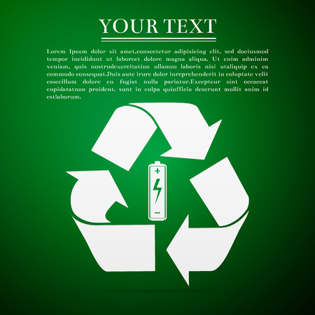 Battery with recycle symbol - renewable energy concept flat icon on green background. Vector Illustrationのイラスト素材