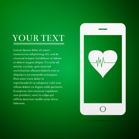 Smartphone with heart rate monitor function flat icon on green background. Vector Illustrationのイラスト素材