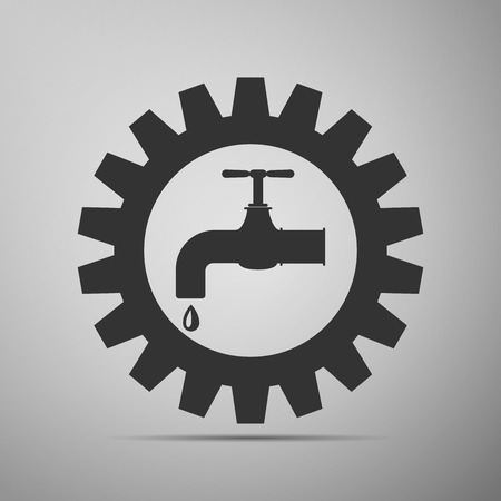 Gearwheel with tap sign as plumbing work flat icon on grey background. Vector Illustrationのイラスト素材