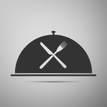 Restaurant icon with cloche and crossed fork and knife flat icon on grey background. Vector Illustrationのイラスト素材