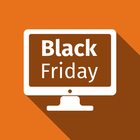 Monitor with Black Friday Sale on screen flat icon long shadow. Vector Illustrationのイラスト素材