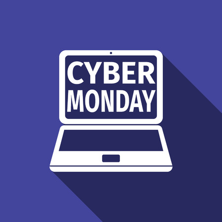 Laptop with Cyber Monday Sale text on screen flat icon long shadow. Vector Illustrationのイラスト素材