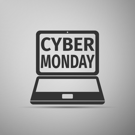 Laptop with Cyber Monday Sale text on screen flat icon over grey background. Vector Illustrationのイラスト素材