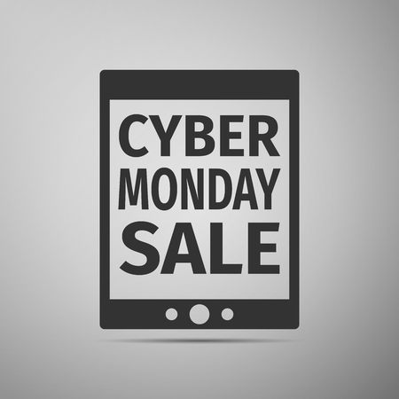 Tablet PC with Cyber Monday Sale text on screen flat icon over grey background. Vector Illustrationのイラスト素材